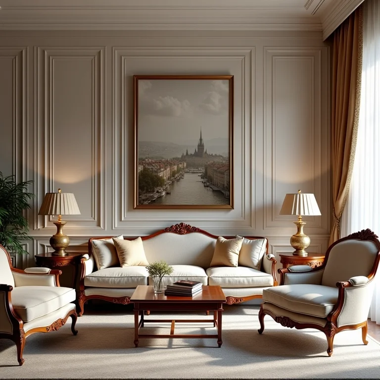 Sala de estar com móveis Luís XV e Império