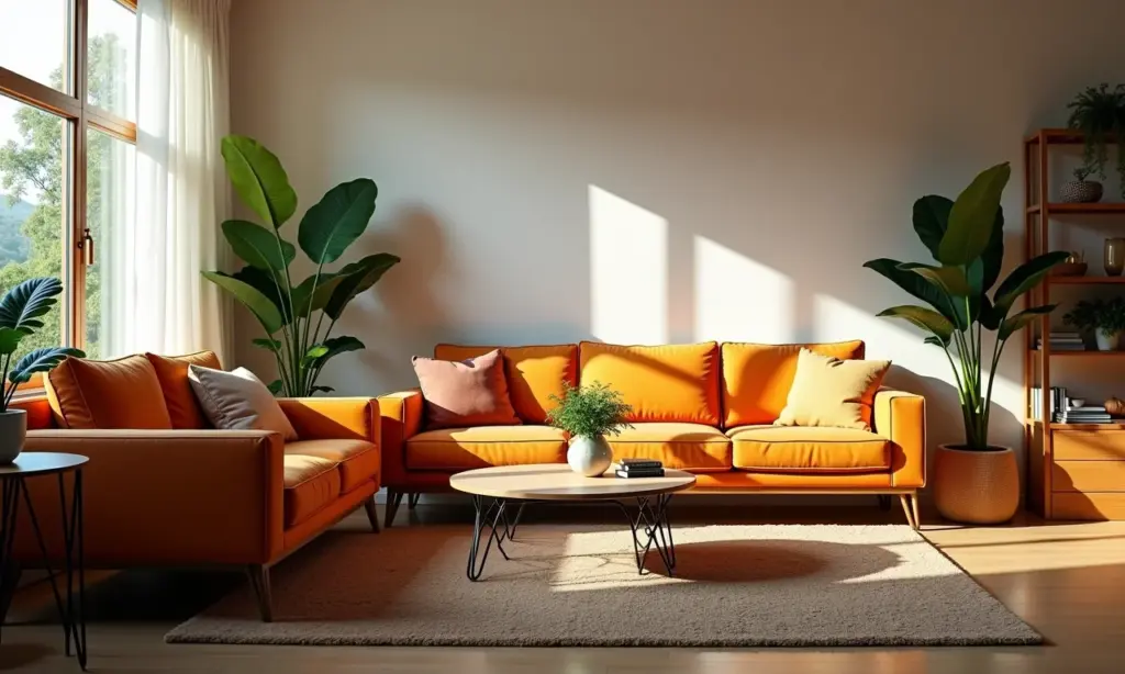 Sala de estar com móveis mid-century e pés palito, design brasileiro.