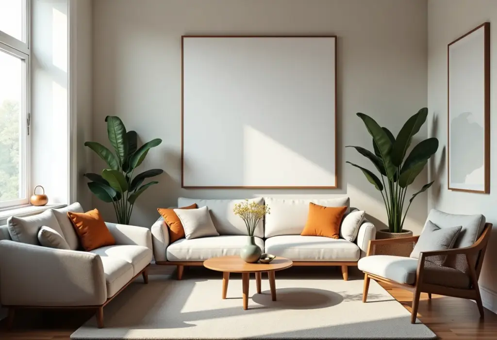 Sala de estar com objetos de decoração mal combinados.