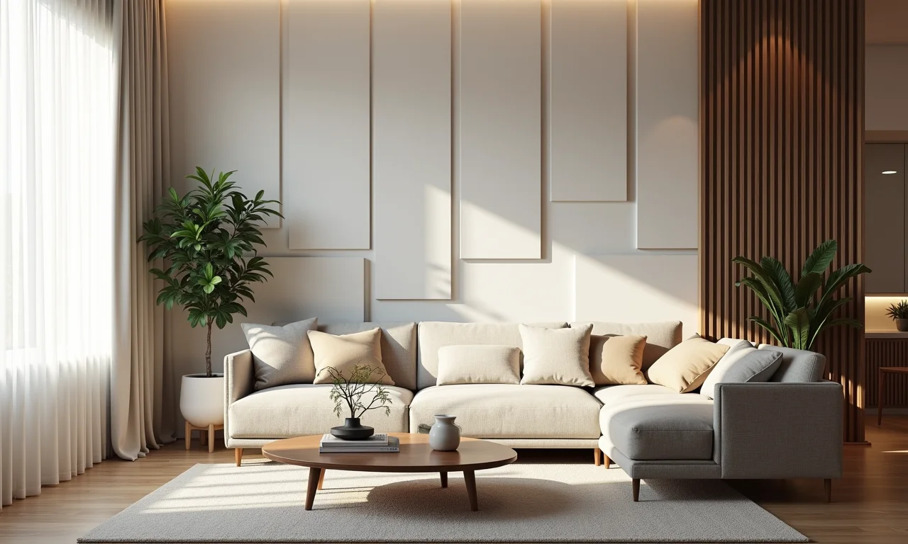 Sala de estar com painéis de gesso 3D autocolantes integrados à decoração moderna.