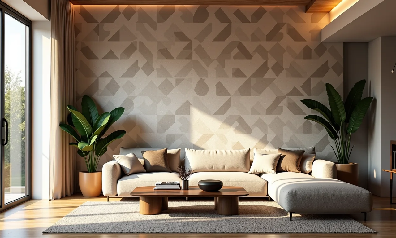 Sala de estar com papel de parede geométrico como ponto focal.