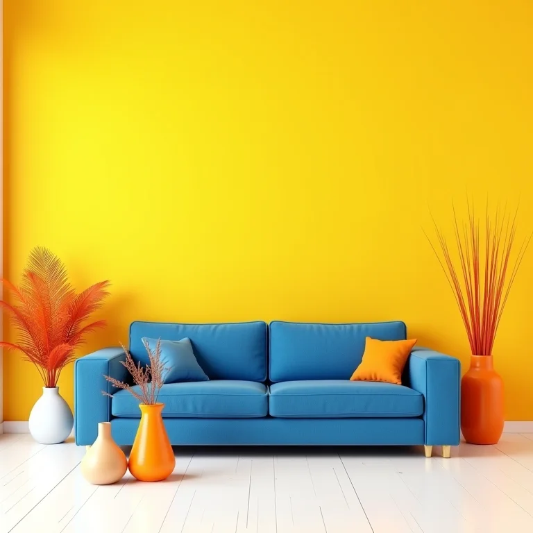Sala de estar com paredes amarelas e sofá azul vibrante