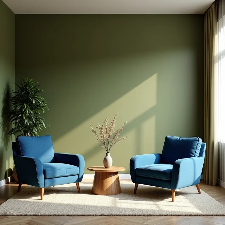 Sala de estar com paredes verde oliva e poltronas azuis.