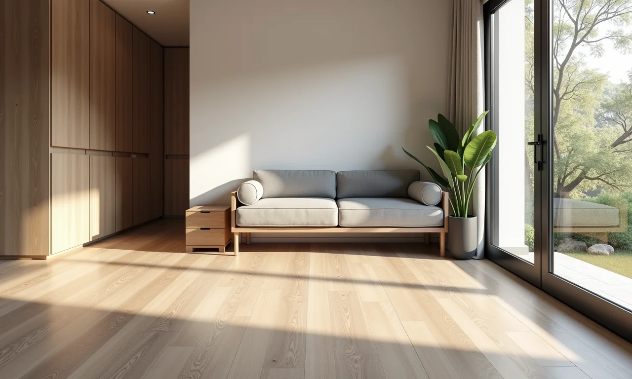 Sala de estar com piso atérmico combinando com o estilo da casa.