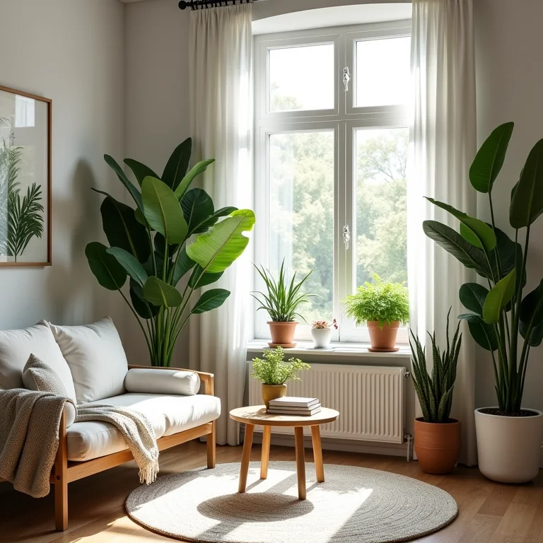 Sala de estar com plantas exuberantes na decoração escandinava