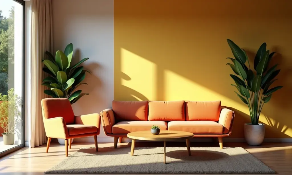 Sala de estar com poltrona vintage e sofá moderno, decoração brasileira vibrante.