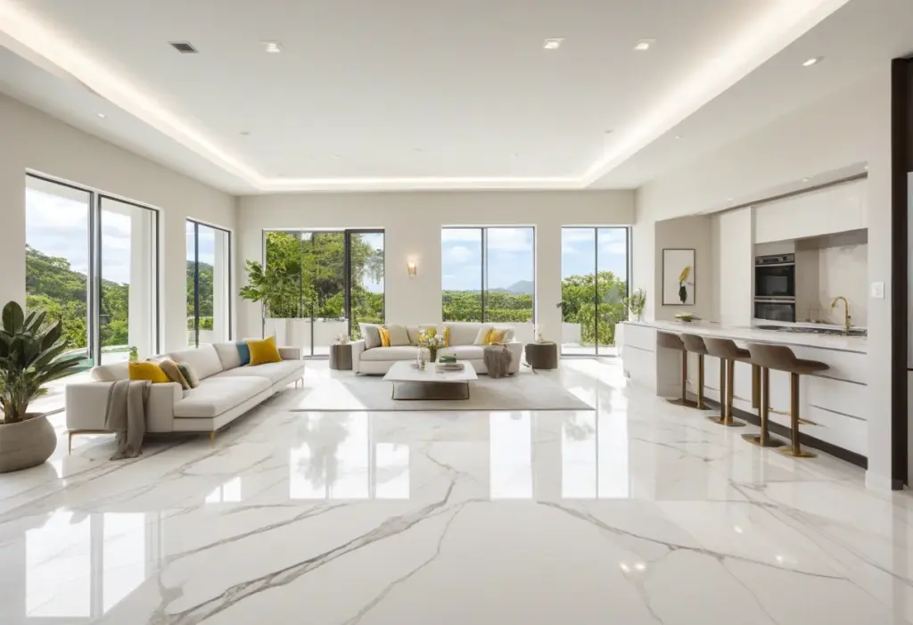 Porcelanato que imita mármore: Calacata ou Carrara? Sala de estar com porcelanato Calacatta, design brasileiro moderno e vibrante.