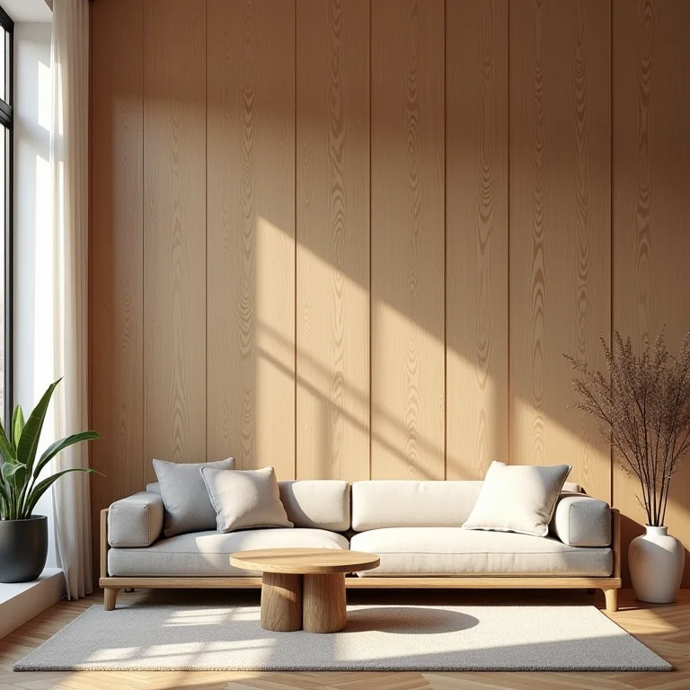 Sala de estar com revestimento 3D de madeira