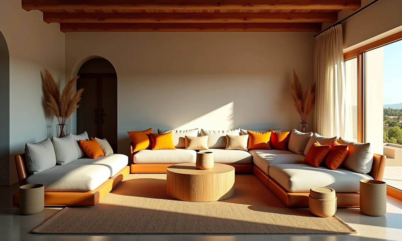 Sala de estar com texturas aconchegantes, iluminação suave e cores vibrantes.