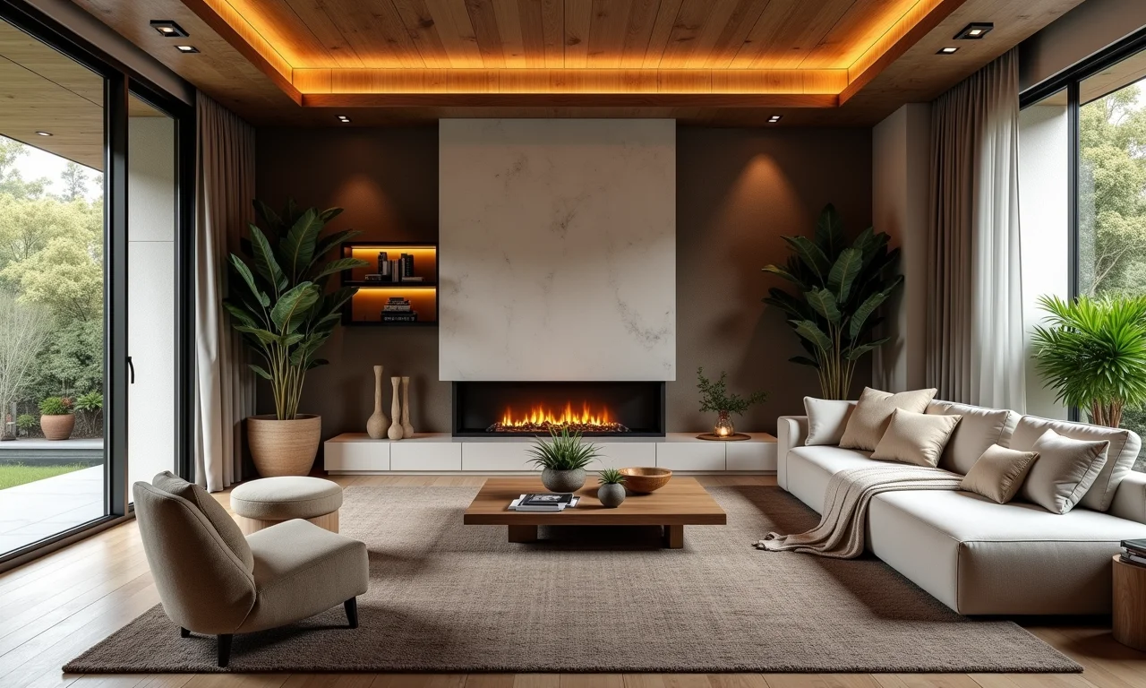 Sala de estar combinando estilos arquitetônicos moderno e rústico.