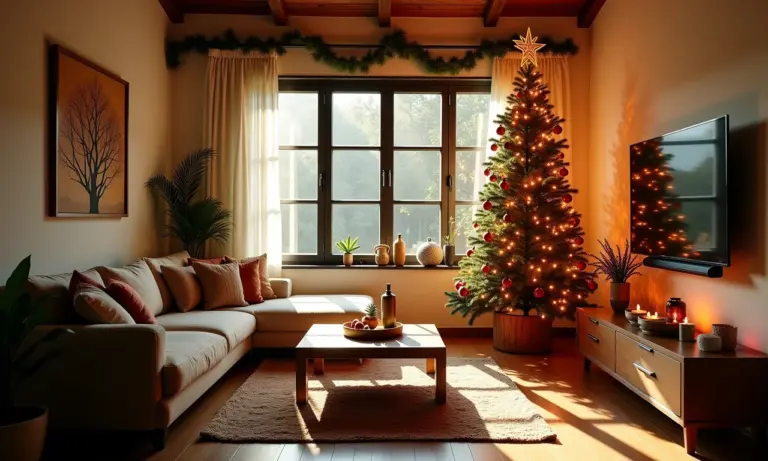 Sala de estar decorada para o Natal com enfeites DIY.