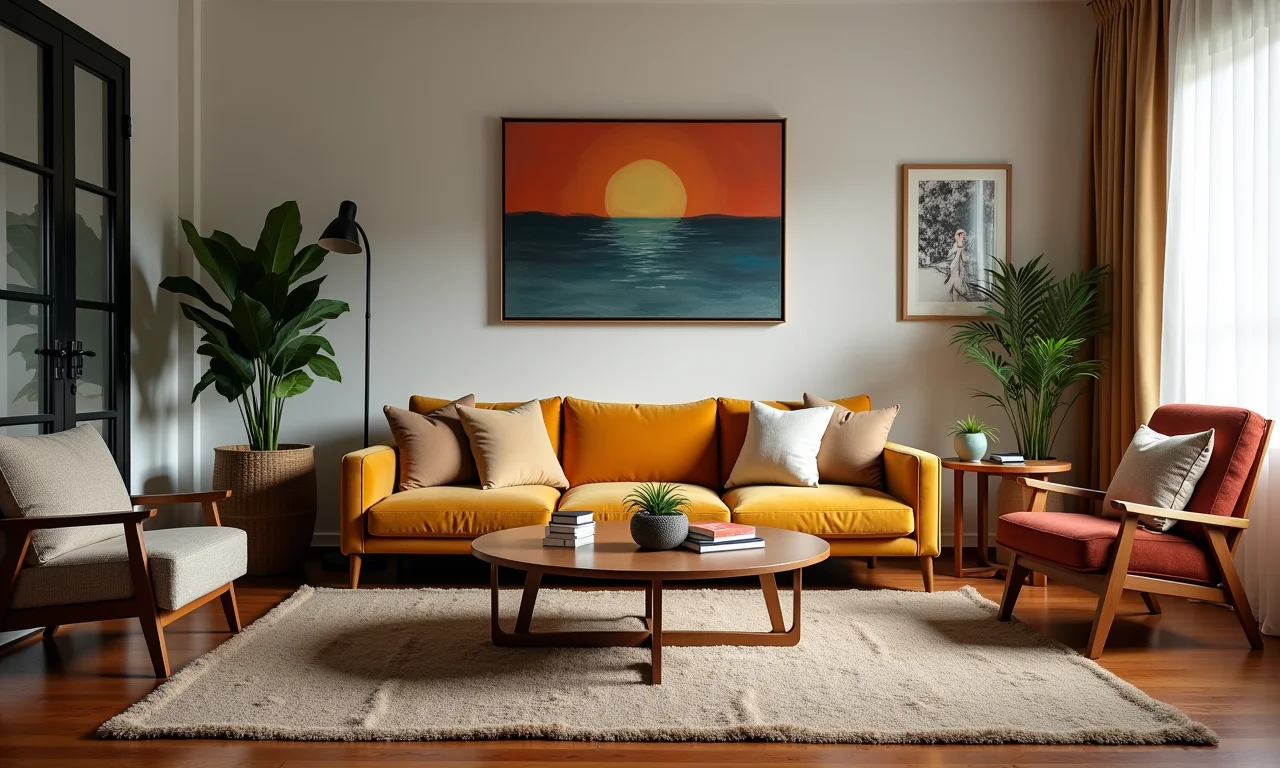 Sala de estar eclética com estilos misturados.