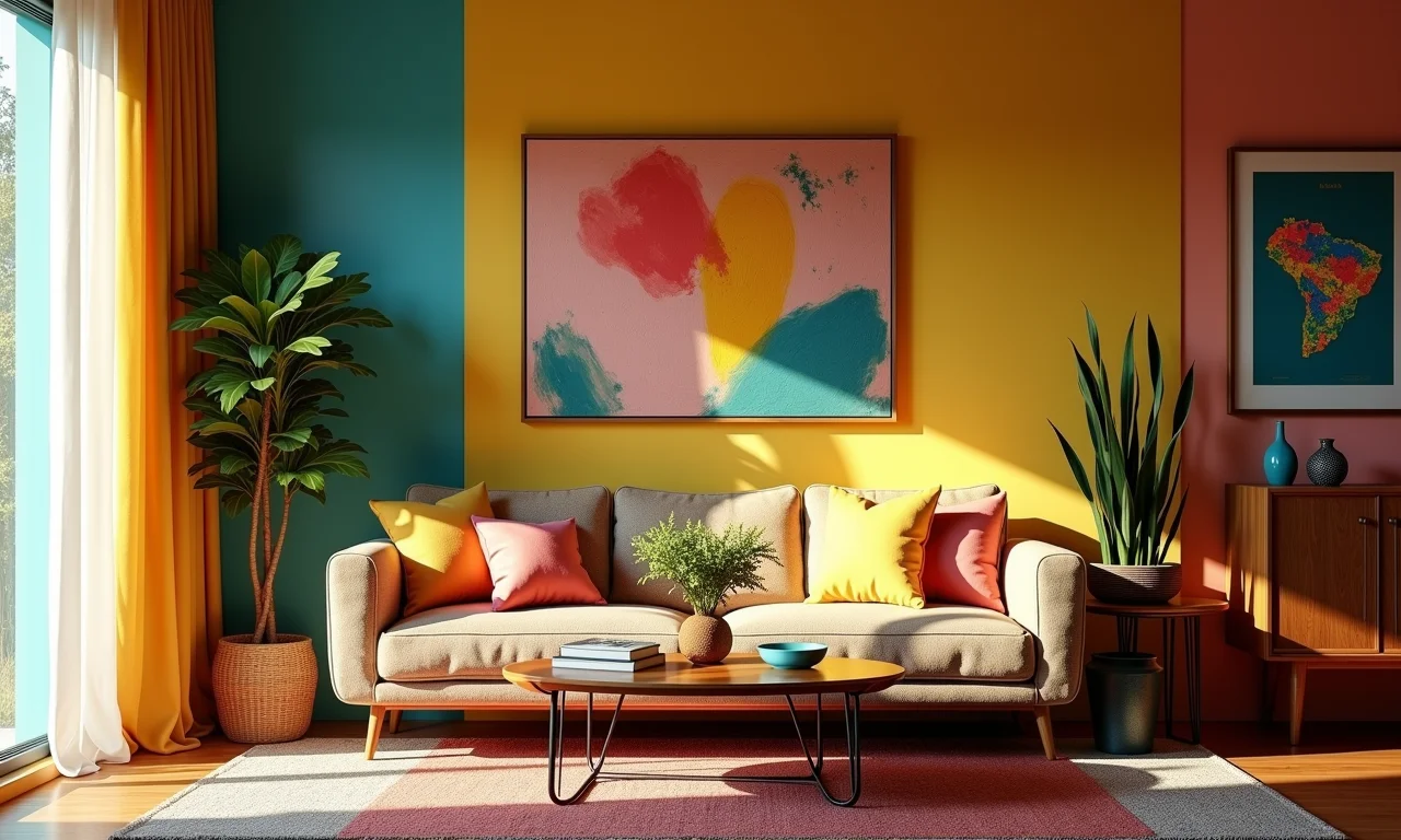Sala de estar eclética com móveis mid-century e paredes coloridas.