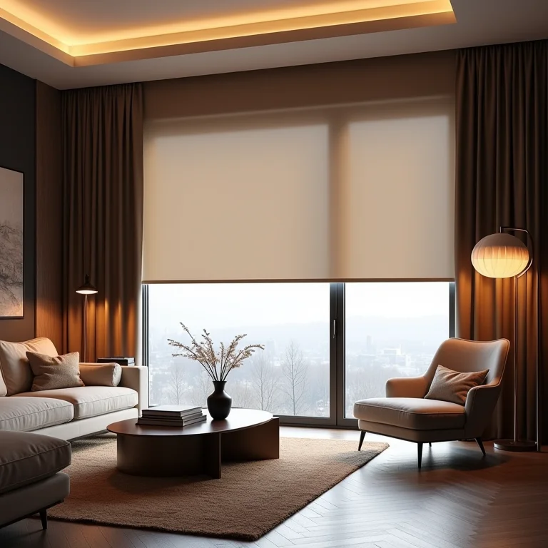 Sala de estar elegante com cortina rolô sofisticada.