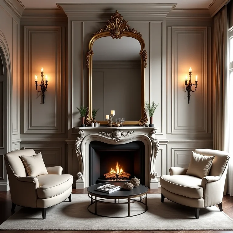 Sala de estar elegante com espelho veneziano sobre lareira