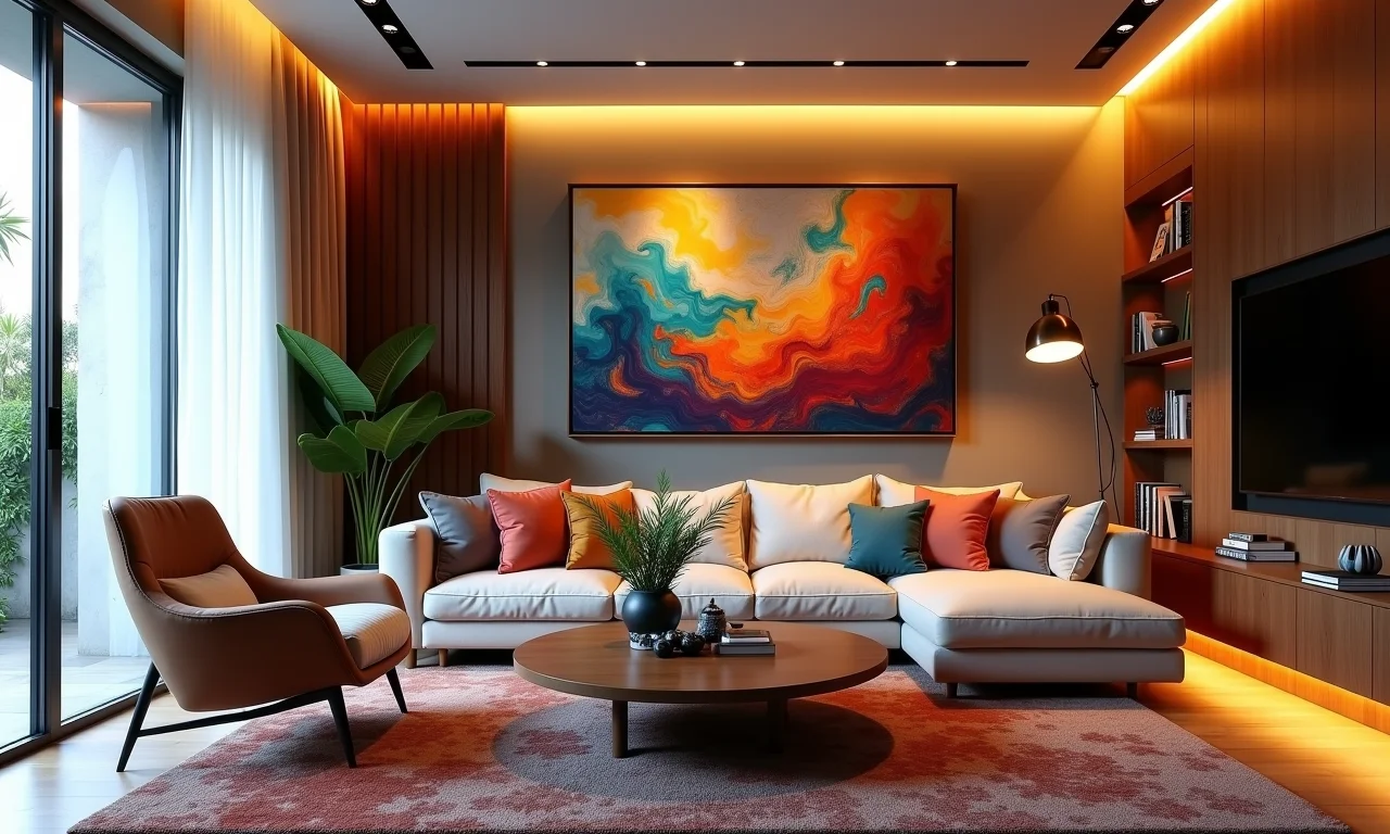 Sala de estar elegante com iluminação de destaque de perfil de LED.