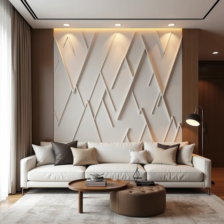 Sala de estar elegante com papel de parede 3D geométrico.