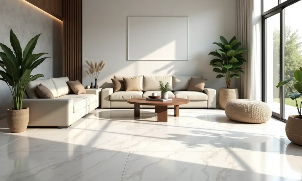 Porcelanato marmorizado: O novo luxo Sala de estar elegante com porcelanato marmorizado claro e iluminação natural.