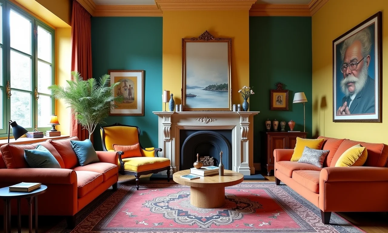 Sala de estar em arquitetura eclética com estilos misturados e decoração colorida.