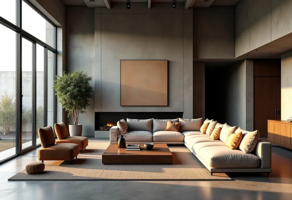 Sala de estar em estilo industrial com elementos contrastantes.