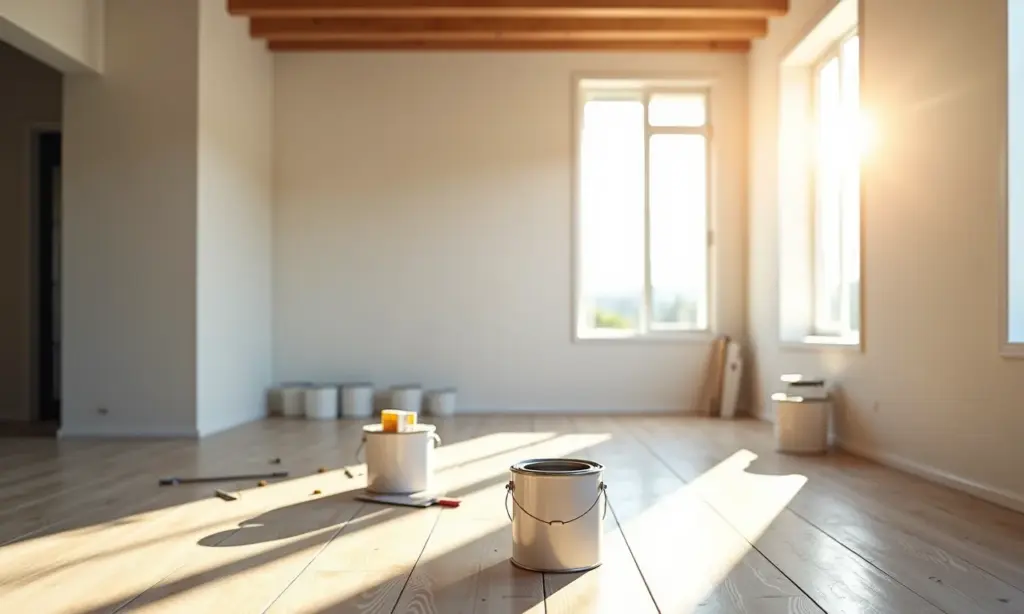 Custo de reforma: O que define o preço do metro quadrado Sala de estar em reforma com tintas e ferramentas, mostrando o investimento na renovação.