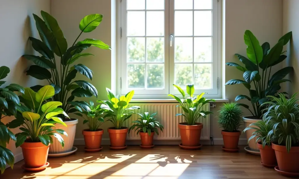 Plantas na decoração: 5 espécies fáceis para iniciantes Sala de estar ensolarada com plantas vibrantes, estilo brasileiro.