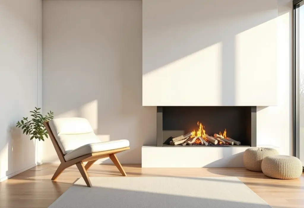 Decoração Escandinava: 5 erros que você precisa evitar JÁ Sala de estar escandinava aconchegante com lareira e iluminação suave