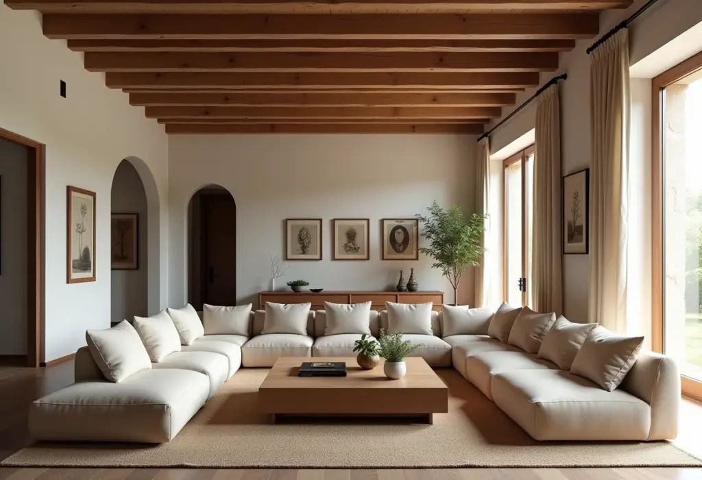 Decoração Colonial Moderna: 7 Segredos Incríveis Revelados Sala de estar espaçosa com design colonial moderno e iluminação aconchegante