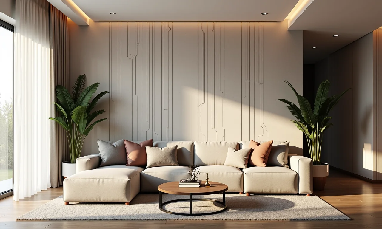 Sala de estar estilosa com papel de parede geométrico de linhas e listras.