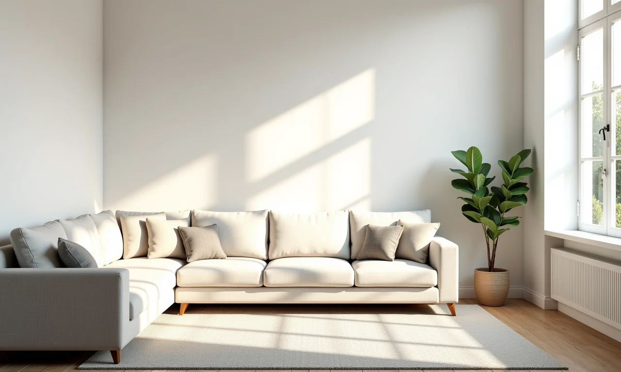 Sala de estar farmhouse com paredes claras, sofá de linho e tapete neutro.