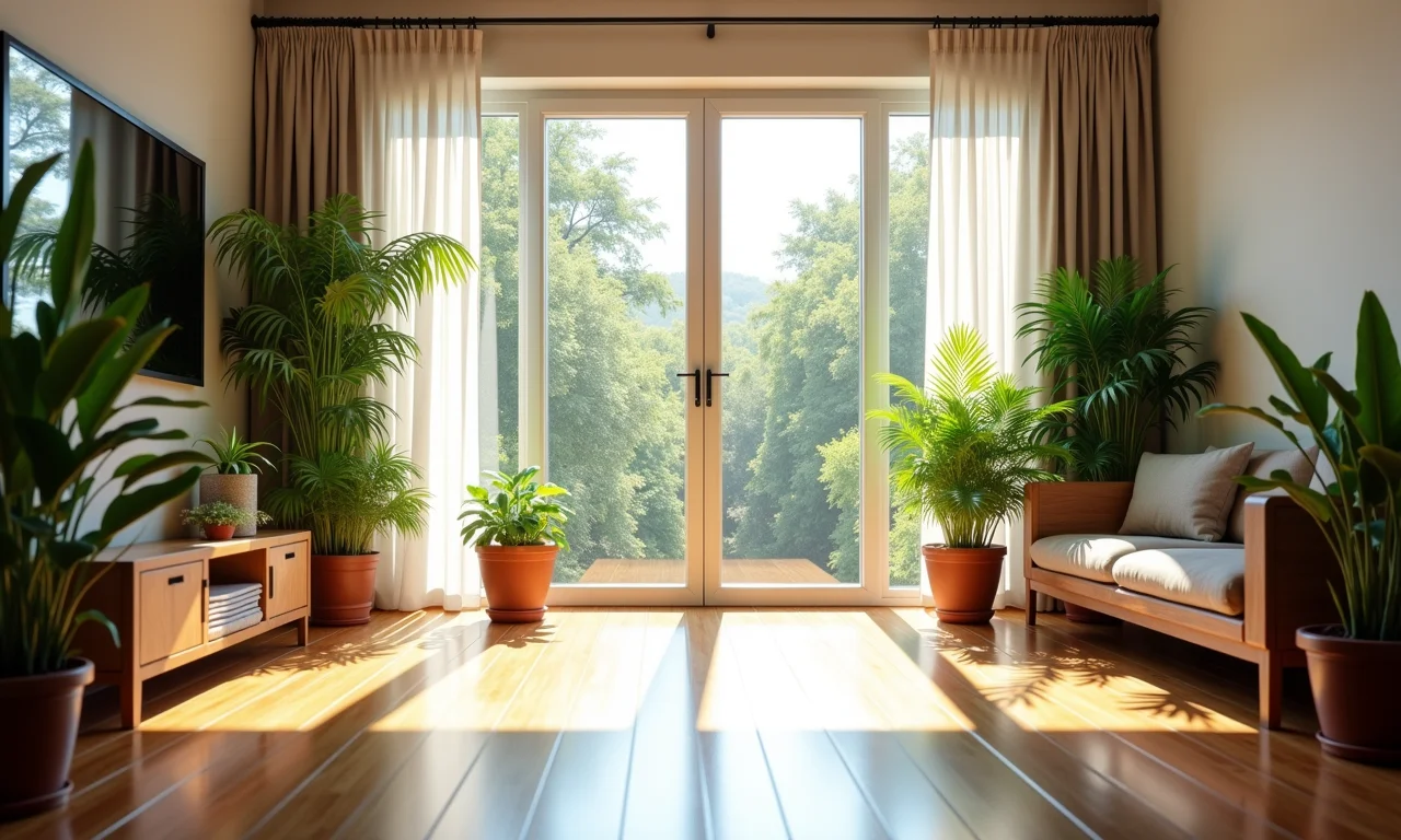 Sala de estar iluminada com grandes janelas e luz natural.