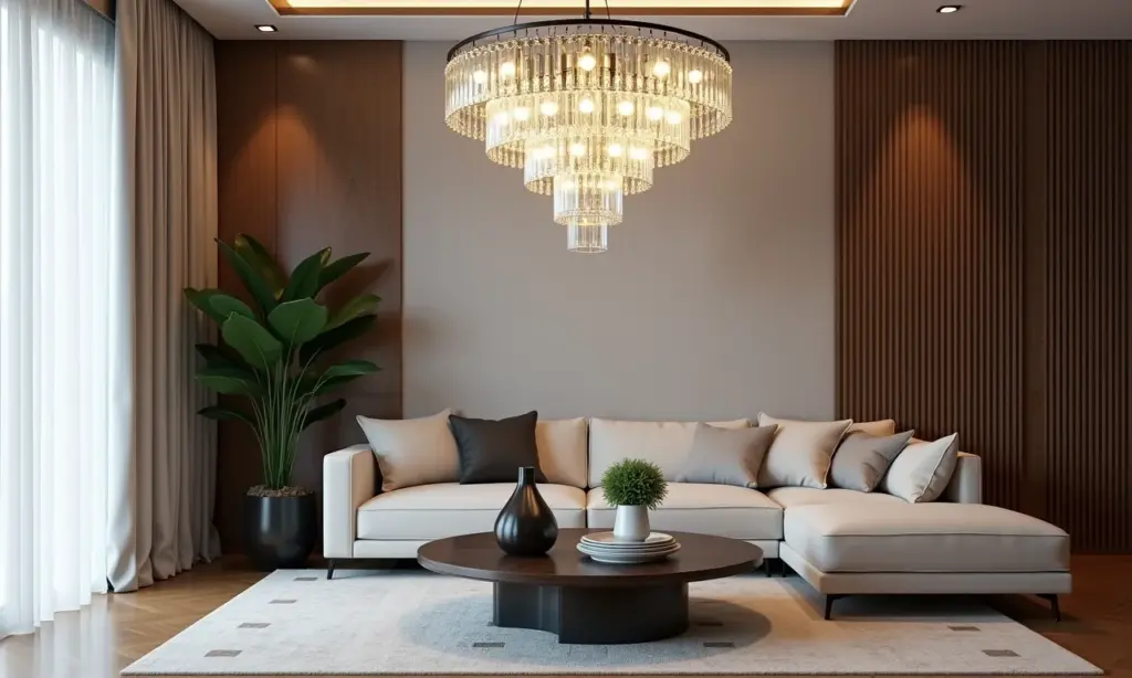 Sala de estar iluminada por um lustre de cristal moderno.