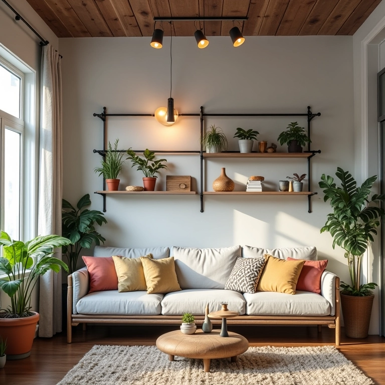 Sala de estar industrial com decoração DIY feita de canos de PVC.