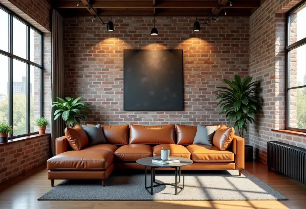 Sala de estar industrial moderna com sofá de couro