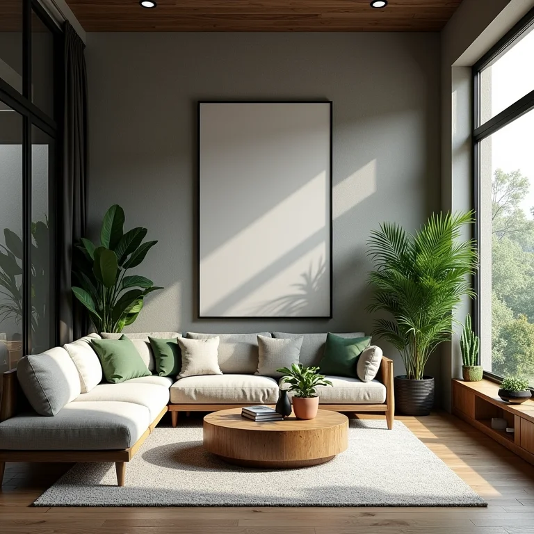 Sala de estar industrial sem plantas e elementos naturais