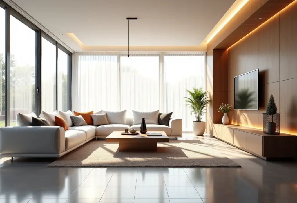 Sala de estar luxuosa com acabamento em laca brilhante