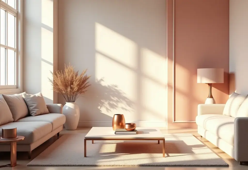 Sala de estar luxuosa com detalhes em rose gold.