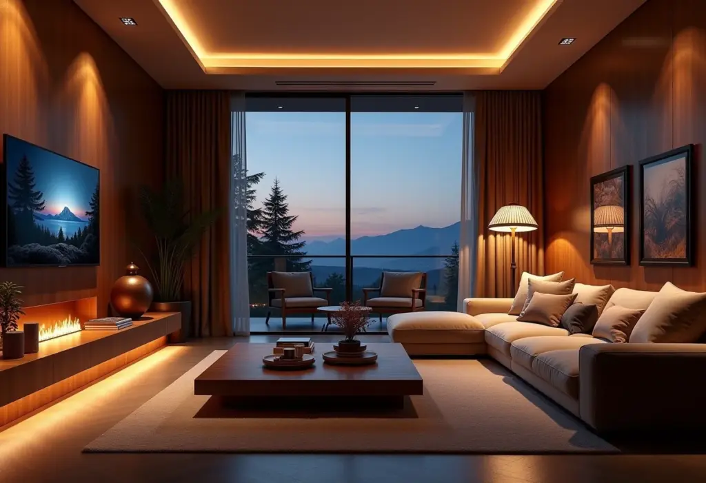 Sala de estar luxuosa com iluminação indireta suave