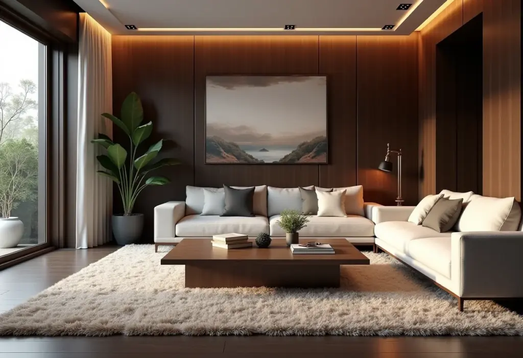 Sala de estar luxuosa com mesa de centro em destaque