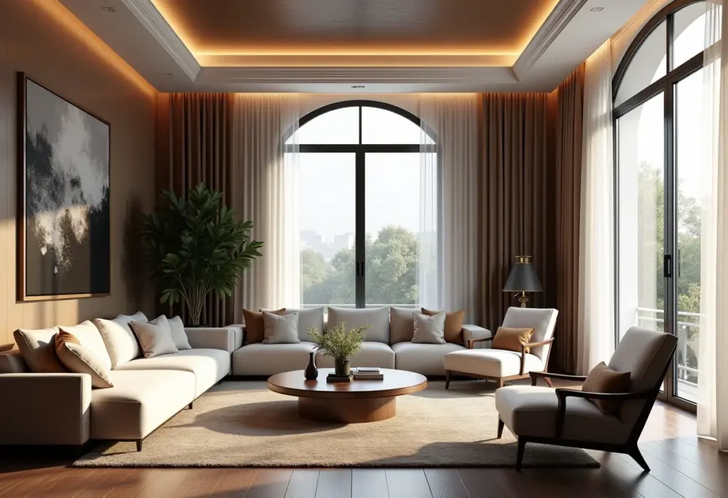 Sala de estar luxuosa com móveis clássicos e iluminação natural