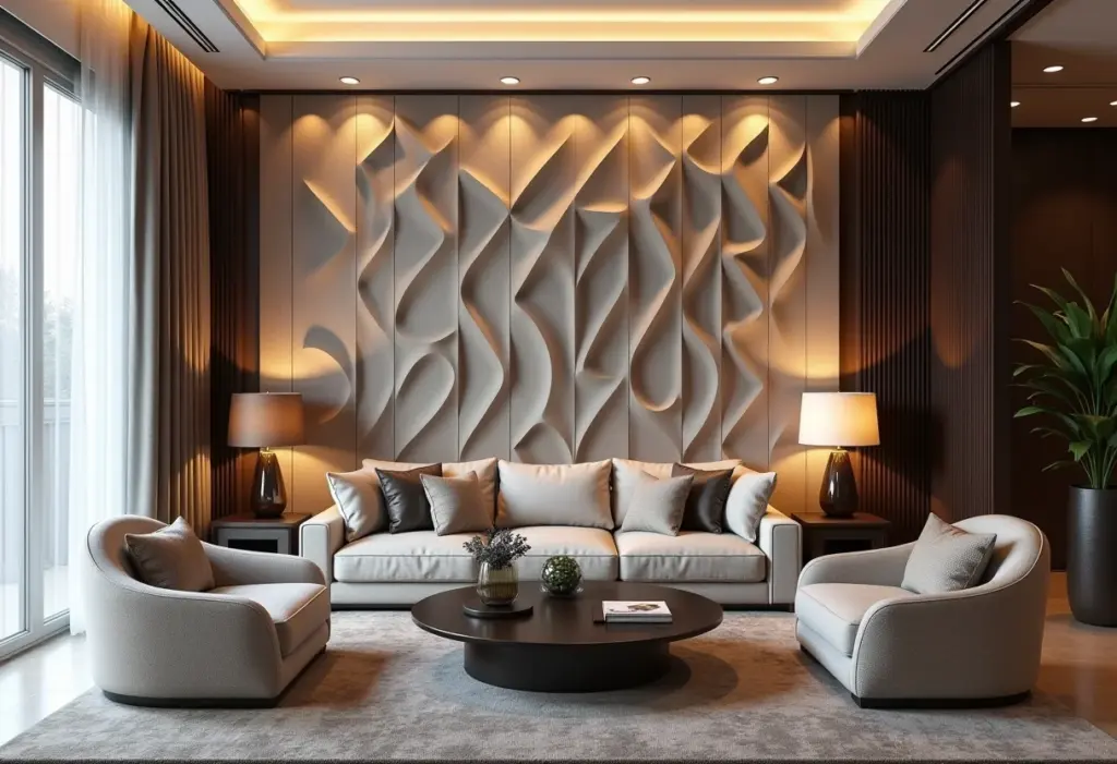 Sala de estar luxuosa com papel de parede 3D geométrico.