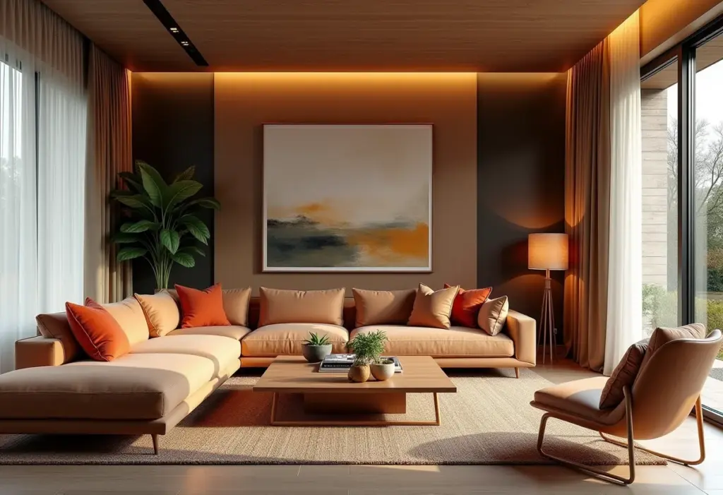 Sala de estar luxuosa com tons terrosos, texturas naturais e toques vibrantes.