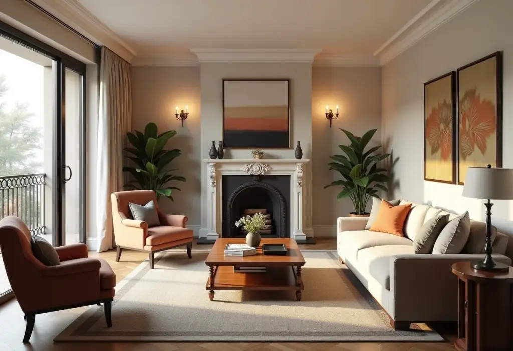 Sala de estar luxuosa decorada com móveis clássicos.