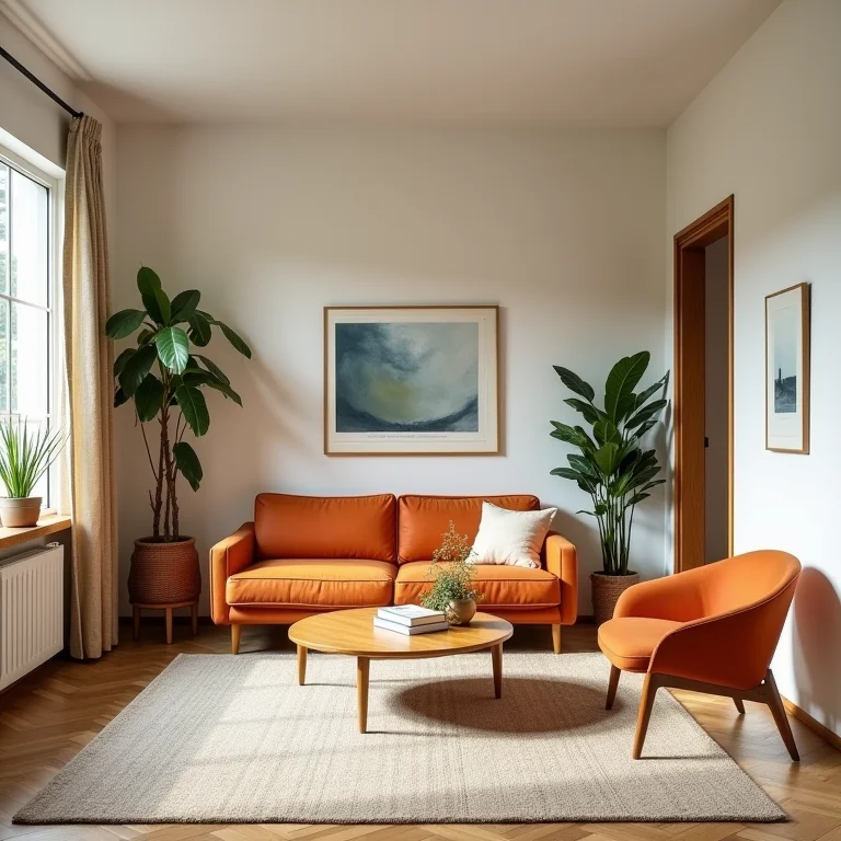 Sala de estar mid-century modern bem conservada, com móveis restaurados e acessórios escolhidos a dedo.