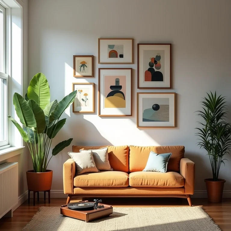 Sala de estar mid-century modern com elementos inesperados e criativos.