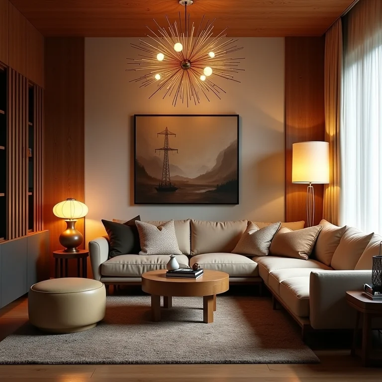 Sala de estar mid-century modern com iluminação estratégica e aconchegante.