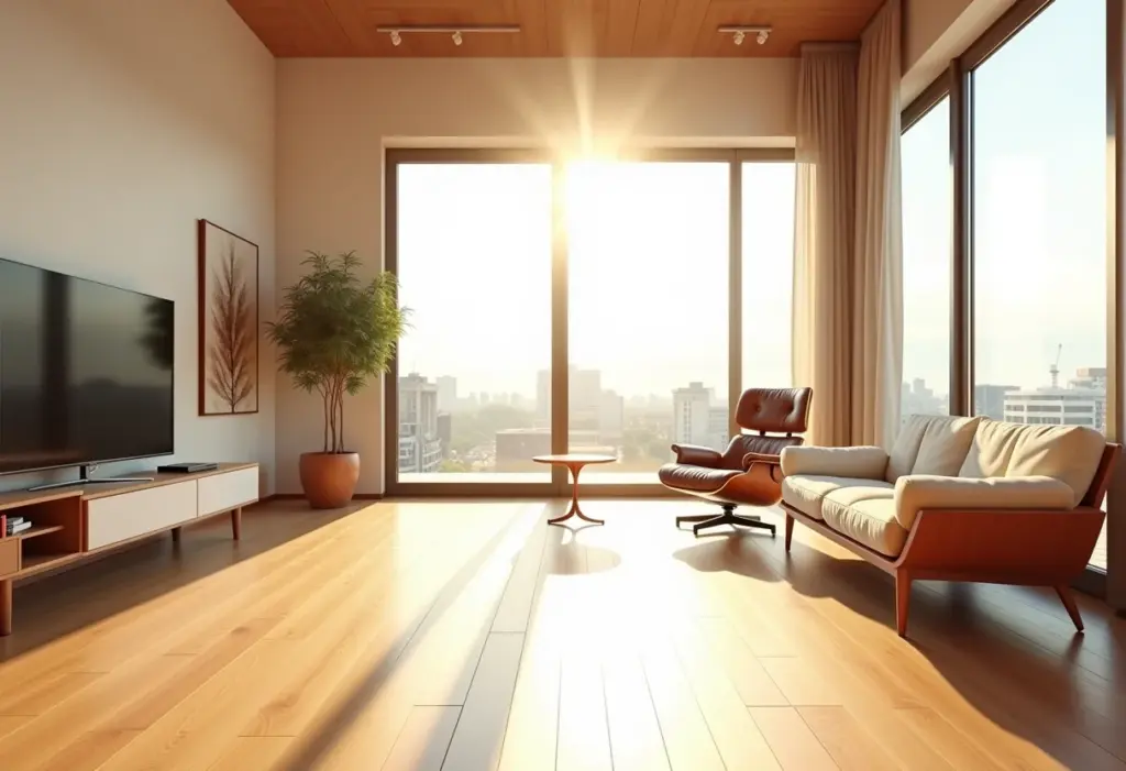 Sala de estar mid-century modern com móveis icônicos e luz natural abundante.