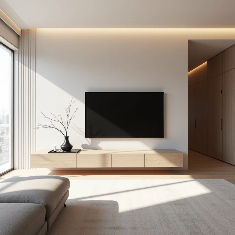 Sala de estar minimalista com painel de TV em laca