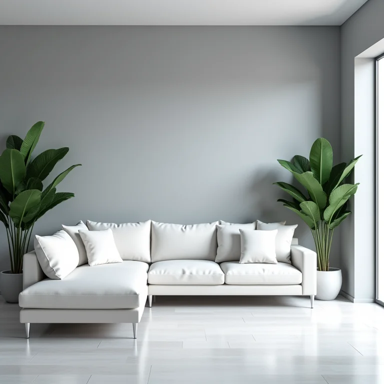 Sala de estar minimalista com tons neutros e sofá branco