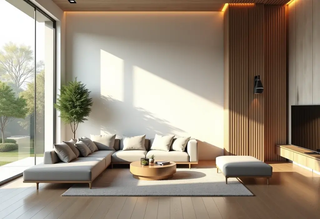 Sala de estar moderna com design minimalista e iluminação natural